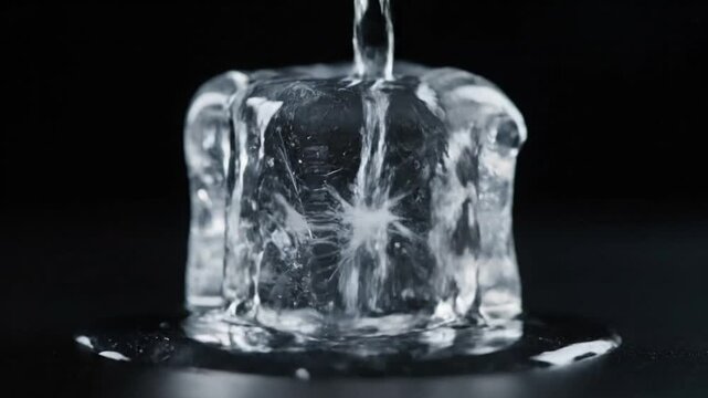 Close-up of an ice cube melting under a stream of water, creating a puddle.
