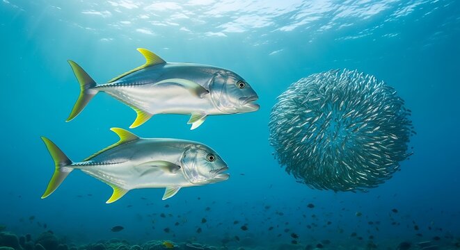 Two Giant Trevally Approaching a Bait Ball School of Fish Underwater