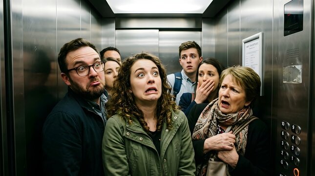 Group of people crowded inside elevator showing anxiety and discomfort, urban lifestyle stress, confined space tension, human reactions, modern city life challenges, emotional expressions 