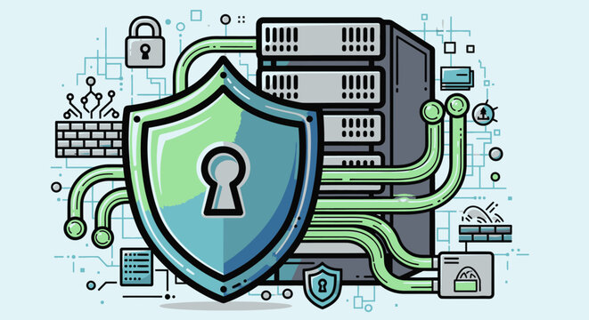 Shield with keyhole lock symbol.