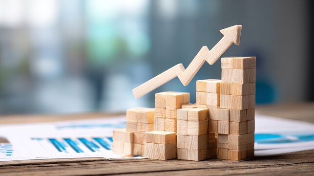 Business growth concept with upward arrow made of wooden blocks on desk, financial charts background, corporate strategy and success theme