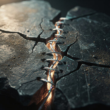 Luminous Silver Thread Repairing Cracked Dark Stone Surface Representing Structural Repair Emotional Healing Restoration and Strengthening Connections Concept