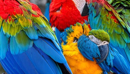 Naklejka premium A close-up showcasing vibrant parrot plumage. The birds are close together, feathers overlapping with rich reds, yellows, greens, and blues
