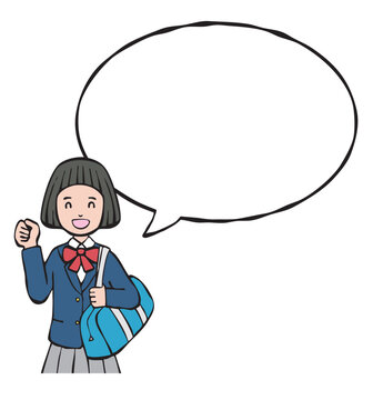 Smiling girl, in school uniform, speech bubble, upper body.