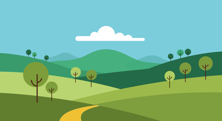 Fototapeta premium Stylized Landscape with Rolling Hills, Trees, and a Winding Path Under a Cloudy Sky