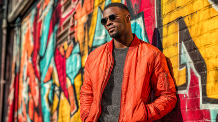 male model posing in streetwear style urban wall