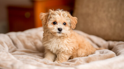 puppy sitting on blanket indoors cute
