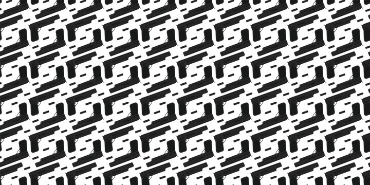 Gun silhouette repeating pattern on white background. Tactical equipment pattern