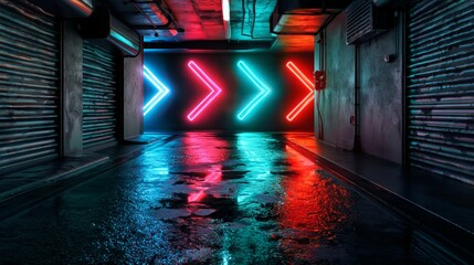 neon signal arrows pointing directions in dark alley cyberpunk style wet floor reflections ultra detailed