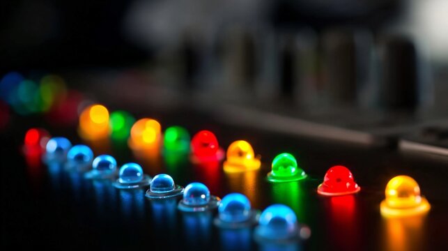 led indicator lights panel close up macro multiple colors red green blue yellow shallow depth of field