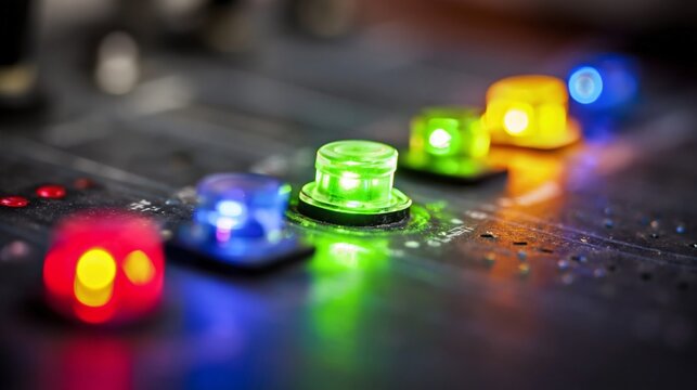 led indicator lights panel close up macro multiple colors red green blue yellow shallow depth of field