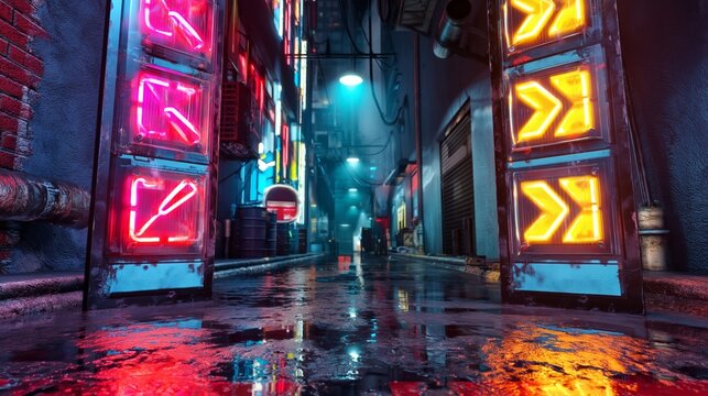 neon signal arrows pointing directions in dark alley cyberpunk style wet floor reflections ultra detailed
