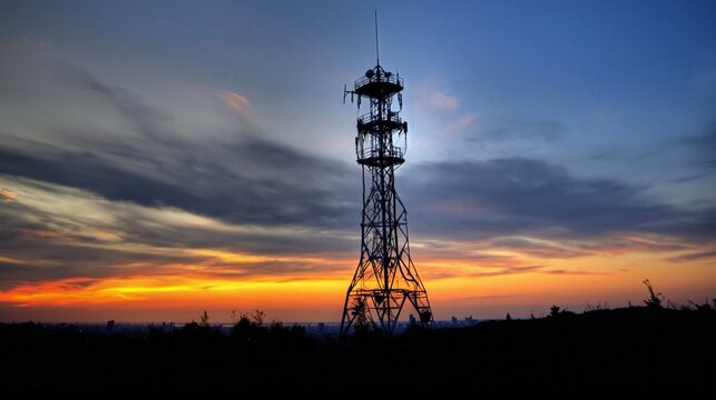 radio tower transmitting signal waves sunset sky silhouette high dynamic range landscape photography