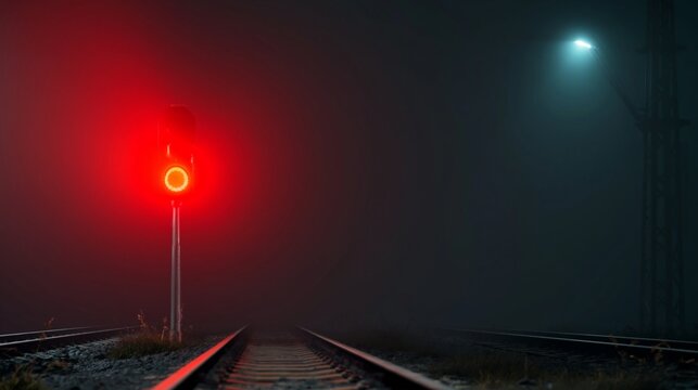 railway signal light glowing red in foggy night cinematic atmosphere dramatic lighting ultra realistic