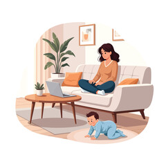 Fototapeta premium Young mother working from home on laptop with baby nearby