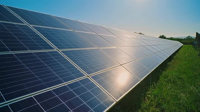 A long array of photovoltaic solar panels installed in a green grassy field under a bright blue sky, generating clean energy.