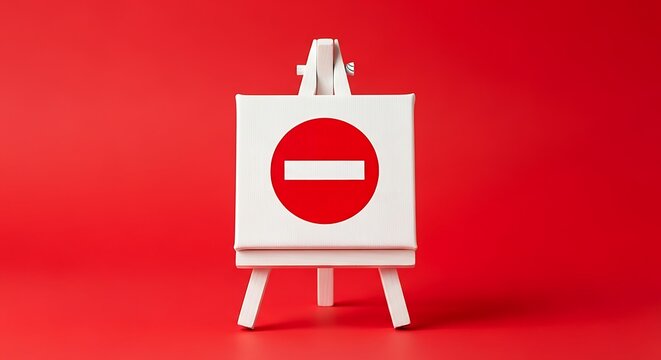 A white canvas with a red prohibition sign on an easel against a red background