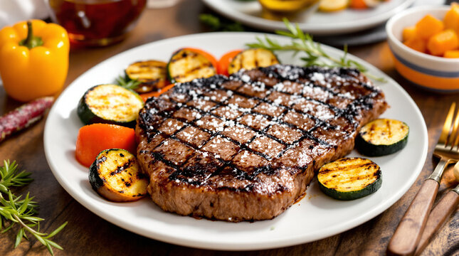grilled meat on a plate with vegetables