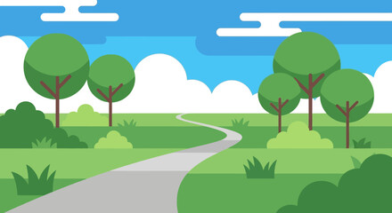 Fototapeta premium Scenic park path winding through lush green trees and grass under a blue sky with clouds