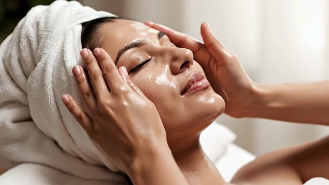 Skilled Hands Gently Massage Face with Moisturizing Oil Enhancing Skincare Routine in Soft Natural Light