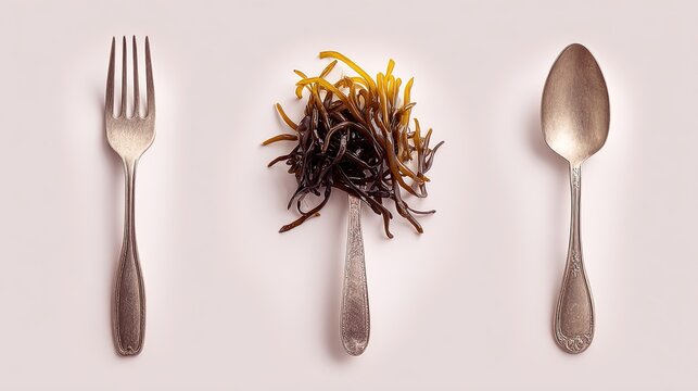 A silver fork a pile of brown seaweed on a spoon and another silver fork arranged symmetrically on a white background