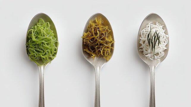 Three silver spoons containing green seaweed brown kelp and white noodles arranged in a row against a plain white background