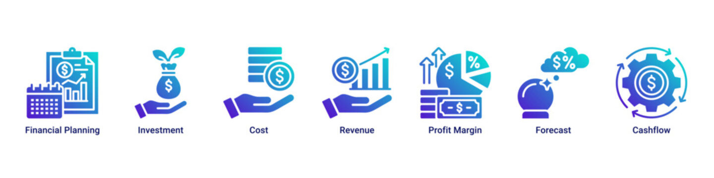 Finance Strategy web banner icon vector illustration with icons of Financial Planning,Investment,Cost,Revenue,Profit Margin,Forecast and Cashflow