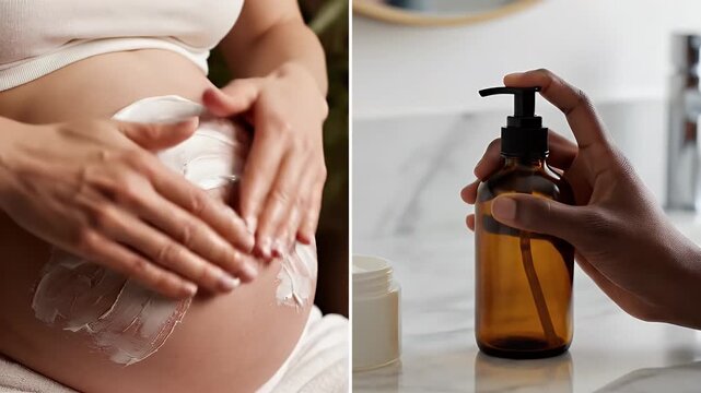 Split Screen Video Demonstrating Pregnancy Belly Skincare Routine With Natural Lotion Application And Amber Pump Bottle Dispensing Clear Liquid In A Bathroom Setting