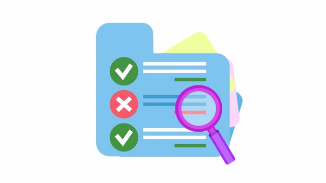 File audit icon with error mark and magnifying glass in an alpha channel. Flat design folder illustration showing data verification failure in a cartoon animation. Digital document inspection symbols.