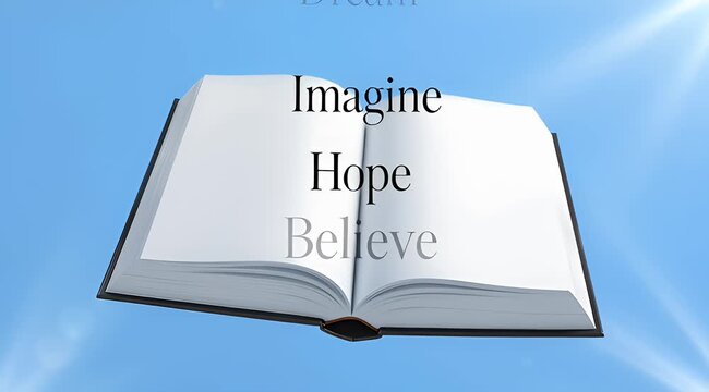 Open book floating in the sky with the words imagine hope believe