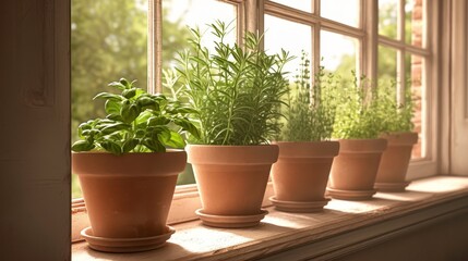 Fototapeta premium Fresh Herbs in Clay Pots on Sunlit Window Sill in Greenery Background