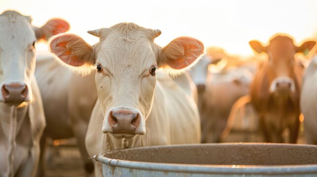 A group of light colored cattle gather around a metal water trough in a vast open farm field illuminated by the warm golden light of a setting sun