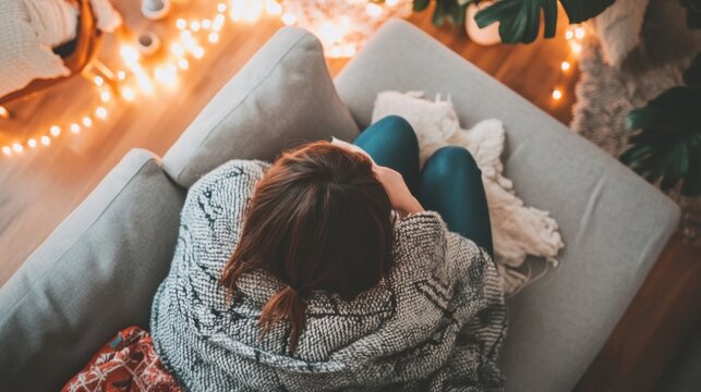 Woman Curled on Sofa Under Blanket with Warm Lighting