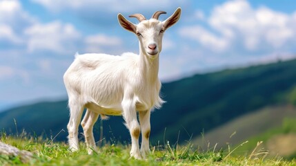Obraz premium A domestic white goat with horns stands alert on a lush green grassy hillside with a scenic mountainous landscape and bright sky in the background offering a peaceful rural view