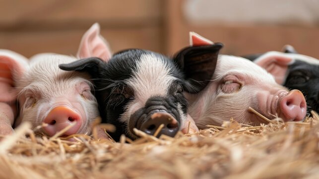 A heartwarming close up of multiple young piglets of various colors resting peacefully in a soft straw bedding evoking a sense of comfort and innocence in a rural farm environment