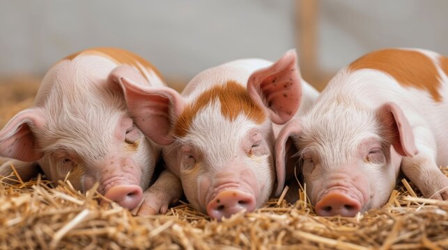 A heartwarming close up image of three young pink and white spotted piglets deeply asleep snuggled together for warmth and comfort on soft