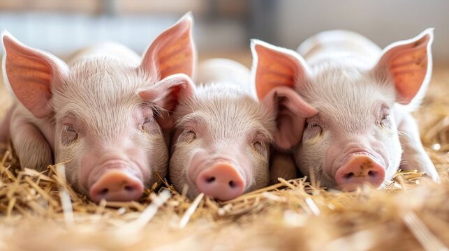 Close up view of three young pink piglets resting soundly in a cozy farm setting snuggled together on dry straw