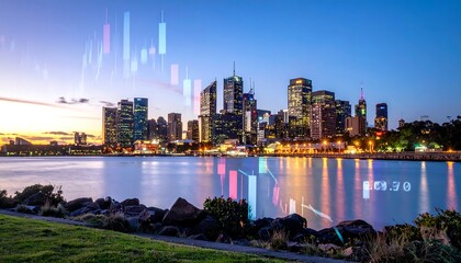 Obraz premium Cityscape at Dusk - A Vibrant Urban Panorama Reflected in Calm Waters.