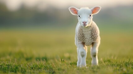 Obraz premium Adorable fluffy white lamb stands looking forward in a vibrant green field bathed in warm soft morning sunlight with a blurred background