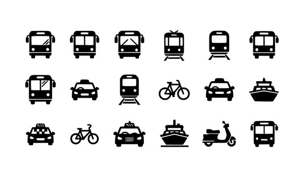 Title:
Public transport web icon set with bus tram train subway taxi bicycle ferry scooter vector collection for UI design