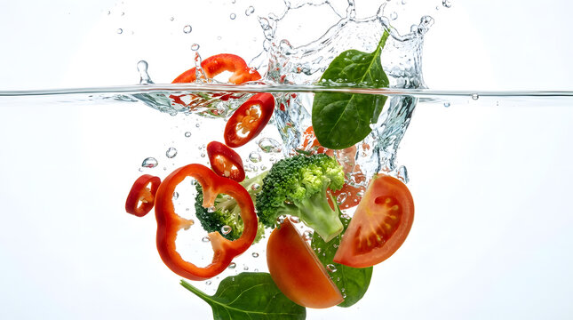 Slices and cuts of tomatoes, spinaches, broccoli, and red bell peppers in water making splashes against white background