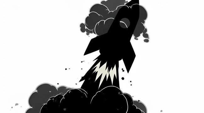 Stylized black rocket launching with smoke and flames on a white background