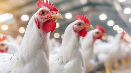 Fototapeta premium A detailed view of white poultry with vibrant red combs and wattles housed within a well lit sterile and contemporary farm setting showcasing efficient animal husbandry and production methods