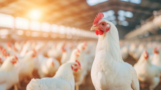 A sharply focused white hen in a spacious sun drenched poultry farm environment showcasing clean agriculture with a large flock in the background