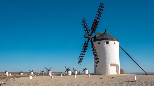 Windmills, La Mancha landscape, white towers, black blades, rural scenery