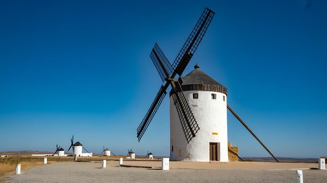 Windmills, white, landscape, rural scenery, blue sky, La Mancha, Spain