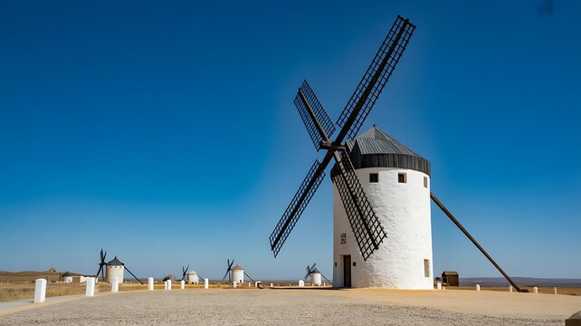 White windmills, La Mancha landscape, Spanish countryside, traditional mills