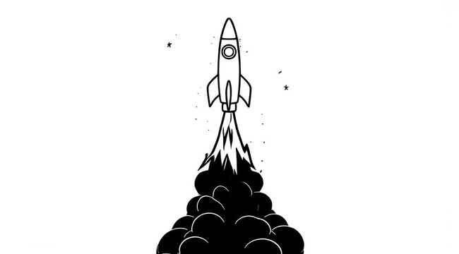 Monochrome drawing of a rocket ship blasting off leaving a cloud of smoke