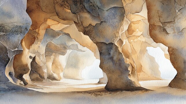 A detailed watercolor painting of a natural cave interior with arched rock formations and soft light filtering through openings.