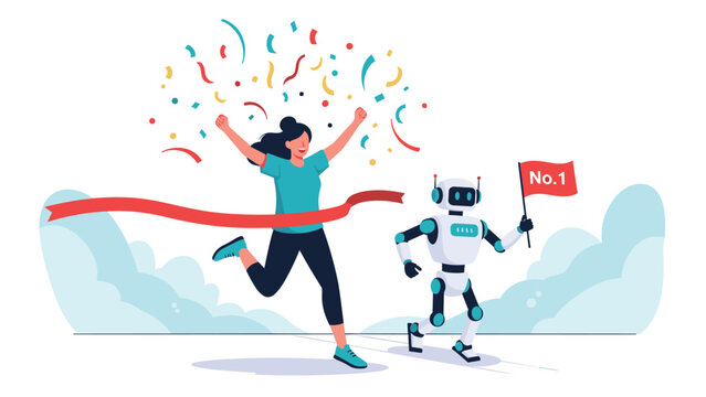 Energetic woman winning a race and crossing a red ribbon while a robot carrying a number one flag follows behind.